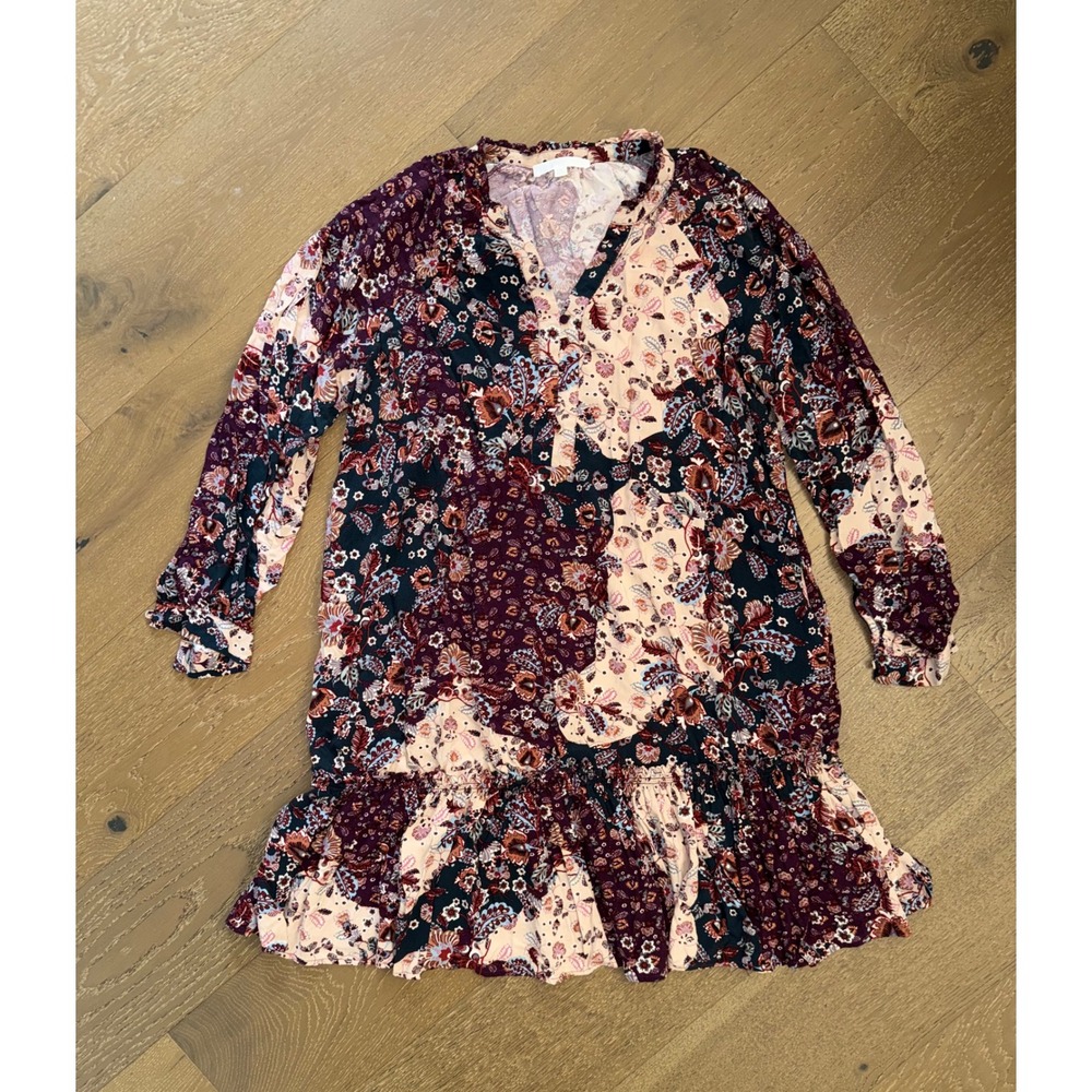 Adyson Parker Womens Patchwork Floral Ruffle‎ Mini Dress Burgundy Navy Small